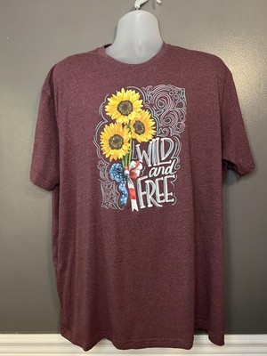 Wild And Free Sunflower Shirt Womens 2XL Maroon Graphic Patriotic Tee