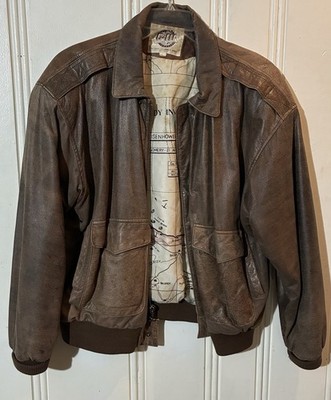 Vintage G-III Global Identity Mens L Brown Bomber Jacket Map Lined Distressed