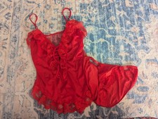 Vintage 80s 90s Red Ruffles Lace Babydoll Lingerie Snap Side Bottom GUC