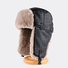 Hommes Faux Cuir Chapeau Trappeur Hiver Chaud Doublé Extérieur Oreille Rabat Ski