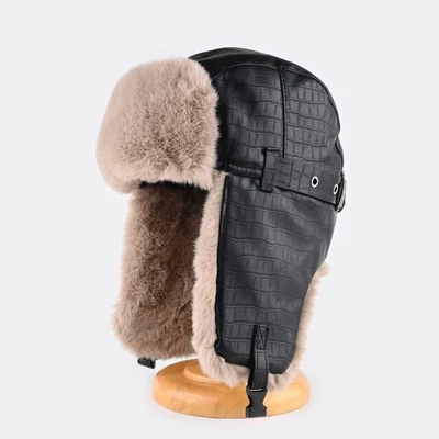 Hommes Faux Cuir Chapeau Trappeur Hiver Chaud Doublé Extérieur Oreille Rabat Ski - Photo 1/4