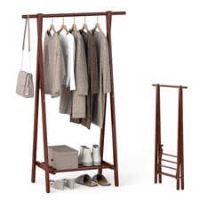 Folding Rubber Wood Clothes Hanging Rack w/Bottom Storage Shelf for Bedroom