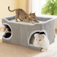 Cat Beds for Indoor Cats - Extra Wide Cat House with Scratch Removable Grey