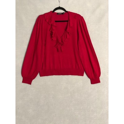 Lauren Ralph Lauren Women's Medium Cotton Blend Ruffle V-Neck Top Red NEW