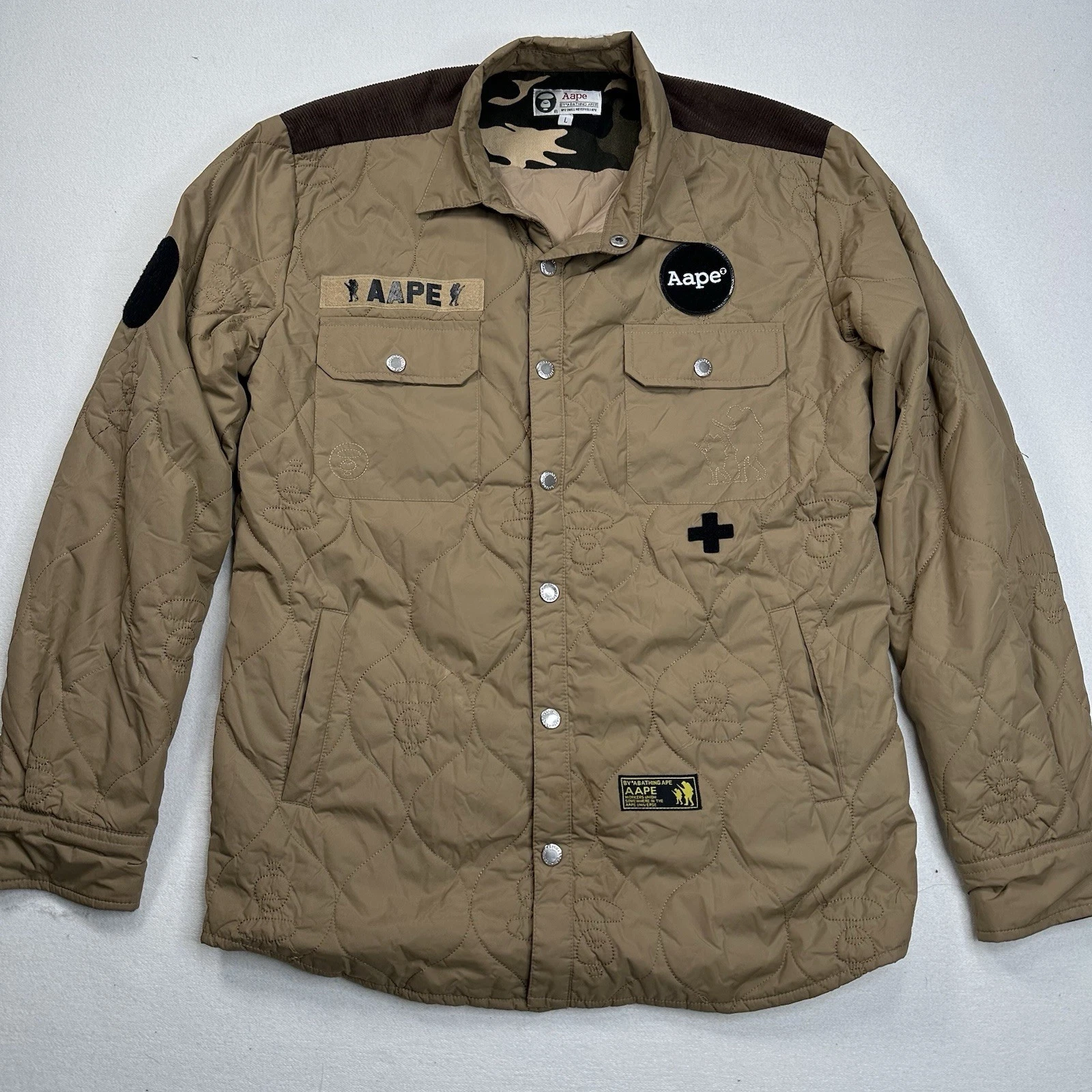 AAPE BY A BATHING APE Quilted Jacket Size Large Patches Military Beige Workwear image 1