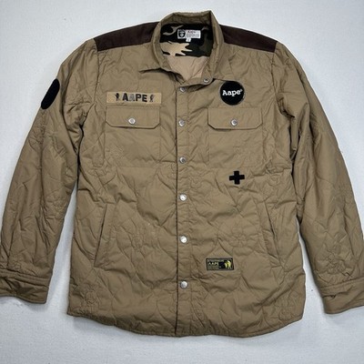 AAPE BY A BATHING APE Quilted Jacket Size Large Patches Military Beige Workwear