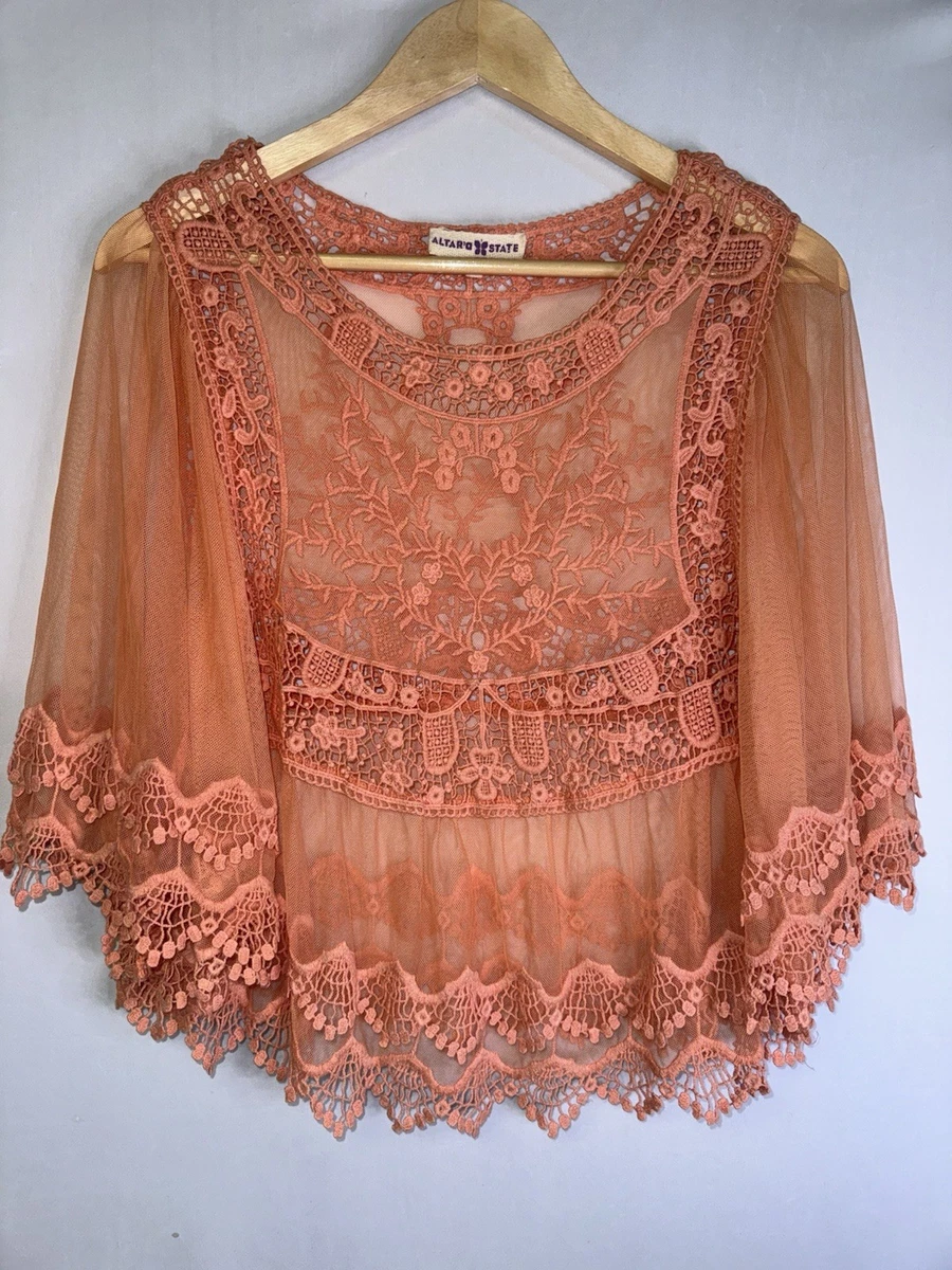Haut Femme Altar'd State Taille M Beige Crochet Manches 3/4 - Bohème