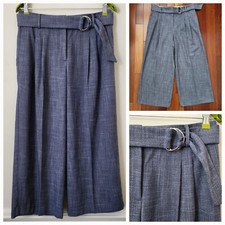 Ann Taylor Pleated Front Wide Leg Blue Gray Belted Pants 8