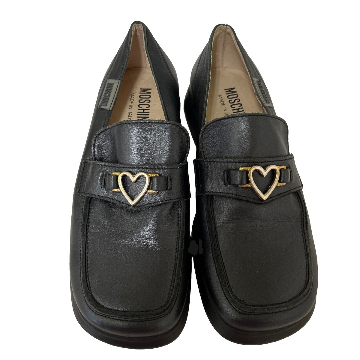 Moschino Girls Black Leather Loafers 33 US 2 Metal heart | eBay