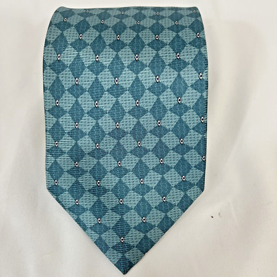 Bijoux Terner 100% Silk Tie Teal Blue Geometric Diamond pattern  4in Wide