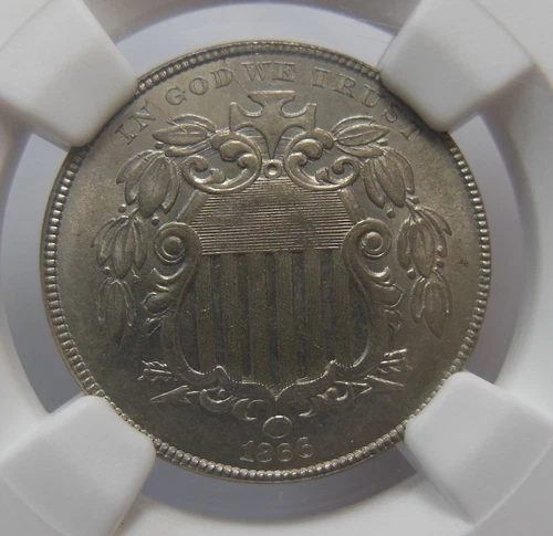 1866 SHIELD NICKEL, NGC MS-65, MISSING LEAF, HEAVY LATHE LINES.  FLETCHER F-26
