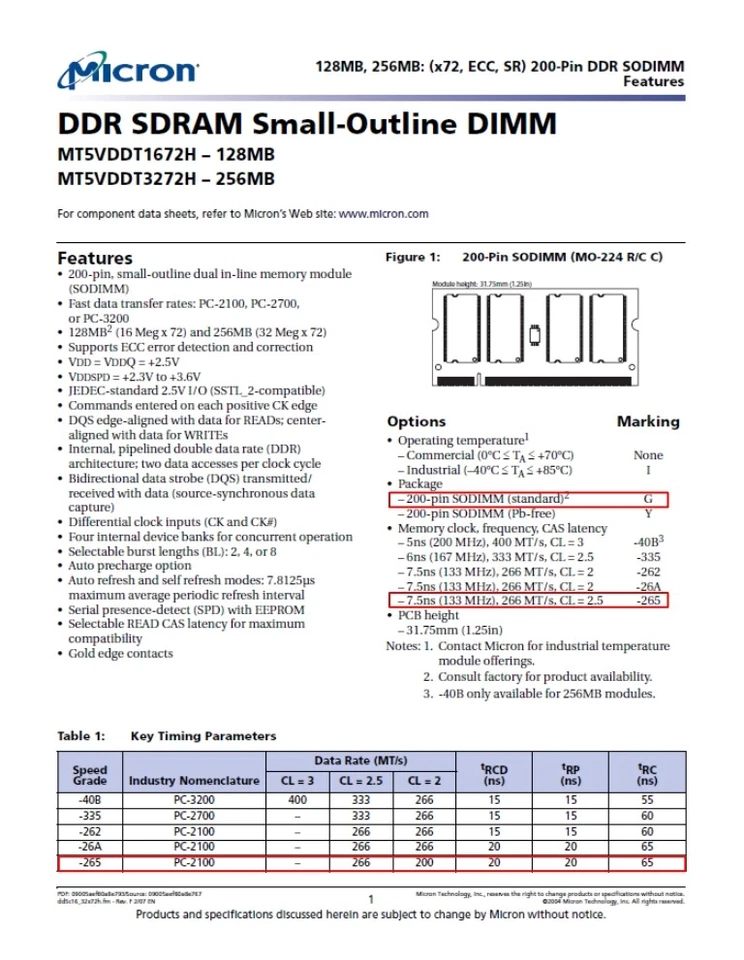 MICRON MT5VDDT1672HG-265C2 128MB 200-Pin CL2.5 DDR266 SODIMM *NEW* - Image 3 of 4