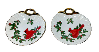 LEFTON RED CARDINAL HOLLY BERRY Trinket Candy Shell Shape Dishes 5.5  Set~2