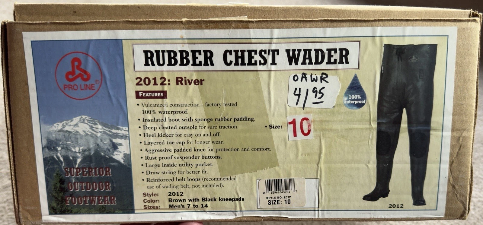 Pro Line Men’s Rubber Chest WADER Waterproof 2012 RIver NEW Size 11 Black & Brn
