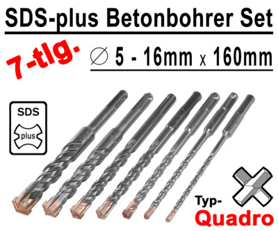 7 tlg SDS-plus Betonbohrer Satz Quadro Bohrer Hammerbohrer 5 - 16mm x 160mm Lang