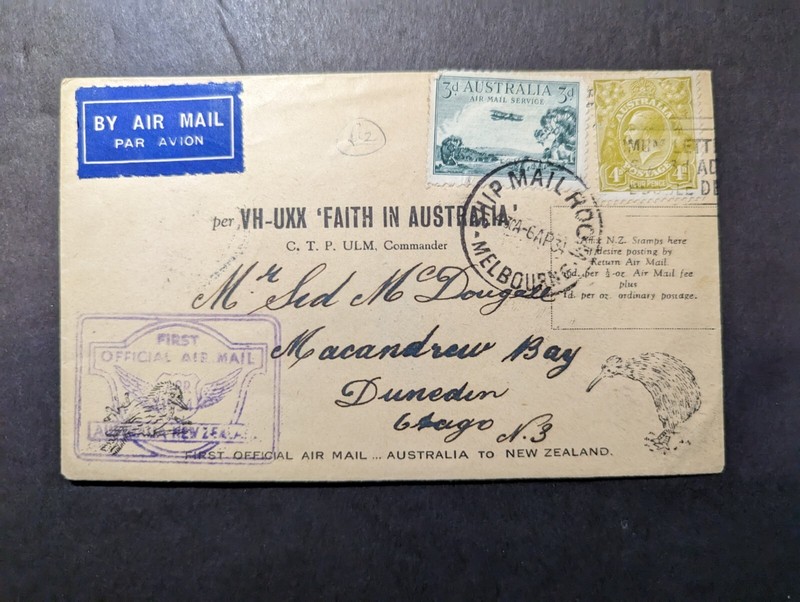 1934 Australia Airmail First Flight Cover FFC Melbourne to Dunedin New Zealand