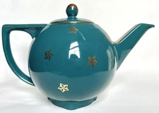 VTG Hall China Co. Teapot 6 Cup Turquoise Heavy Gold Trim & Stars USA