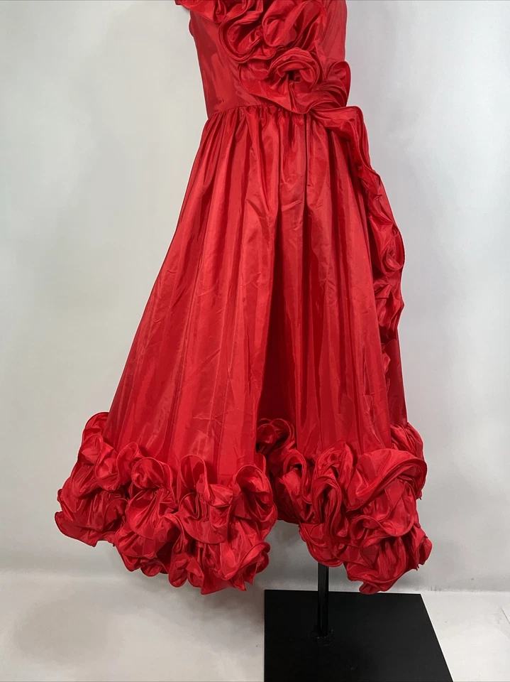 Vtg 80s Prom Gown Sz 5 One Shoulder Rosette Fit Flare Puffy Party Formal Dress - Image 3 of 4