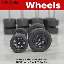 5 Sets - HW Muscle - Black 7 spoke Blackwall Tire Drag Slicks - 10mm/12mm