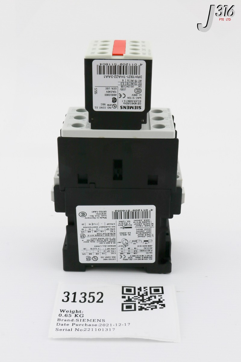 31352 SIEMENS POWER CONTACTOR, 400V 11KW 25A (NEW) 3RT1026-1BB44