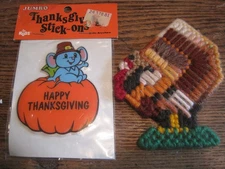 NOS VTG Russ Stick Ons Puffy Sticker -PILGRIM MOUSE THANKSGIVING&TURKEY MAGNET