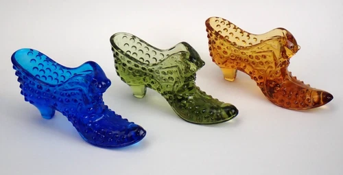 Vintage SET 3 Fenton Glass Hobnail Cat Head Slipper Shoe Cobalt Blue Green Amber