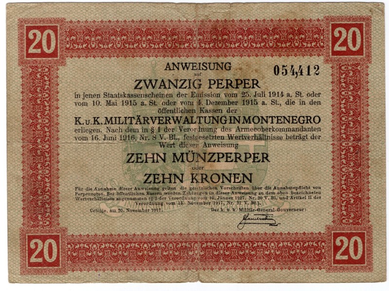 MONTENEGRO P-M152 20 Pepper 1917 AUSTRIA Administation WWI 10 Kroner