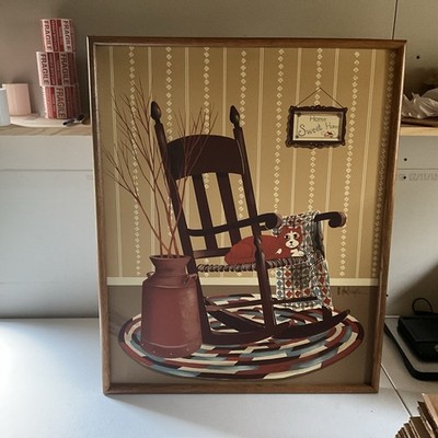 H. Huntington Primitive Folk Art Painting Rocking Chair & Cat 33 x27  