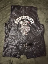 Black Motorcycle Biker Vest Mens Size L Faux Leather Custom Back Patch