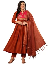 GoSriKi Women's Rayon Viscose Embroidered Anarkali Kurta with Pant & Dupatta
