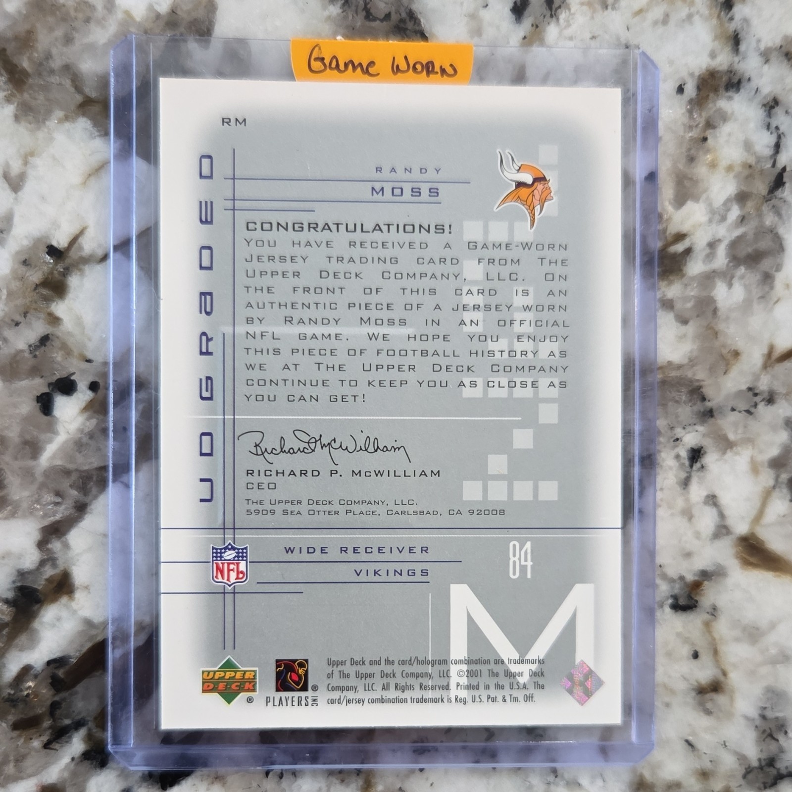 Upper Deck 2001 UD Graded Randy Moss Game Jerseys Memorabilia #RM Vikings view 2