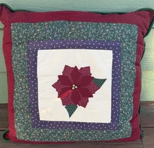 Large Patchwork Throw Pillow, Poinsettia Design 
