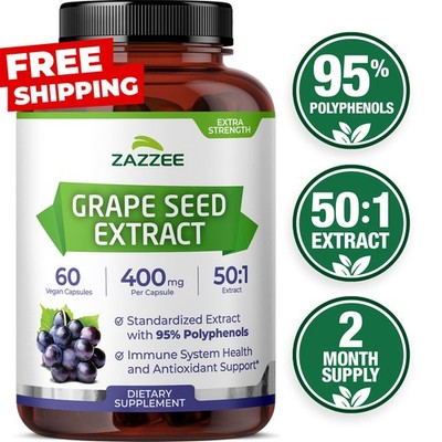 Zazzee High Strength Grape Seed 50:1 Extract, 60 Vegan Capsules, 95% Polyphenols