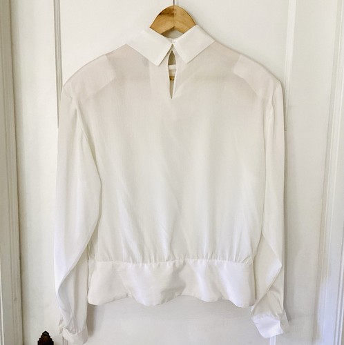 Blusa Top De Colección Manga Larga Satén Transparente Cintura Caída Blanca Victoriana Elegante - Imagen 14 de 16