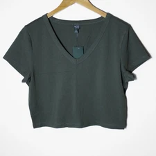 Wild Fable Fitted Crop V Neck Tee Top Olive Green Size XL