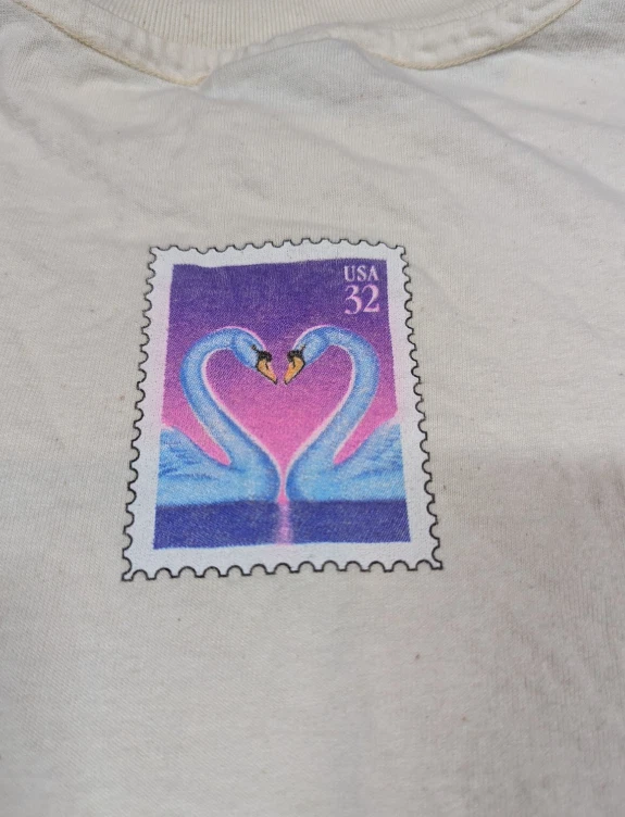 Camiseta masculina vintage selo amor cisne GG branca anos 90 azul coração de cisne gráfico EUA - Imagem 4 de 4