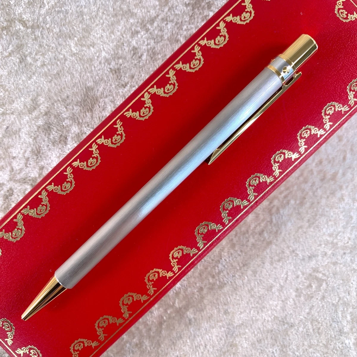 Vintage Cartier Ballpoint Pen Santos Brushed Silver Gold Finished with Case