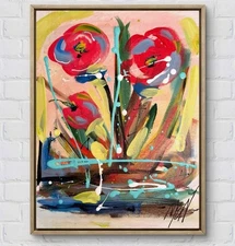 MARIA ELIZABETH Red Floral 14x11 CANVAS BOARD Original Abstract Modern Home Art