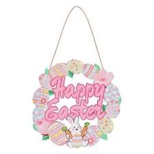 Easter Bunny Door Sign Wooden Happy Wreath Pastel Multicolor Wood Wall Decor