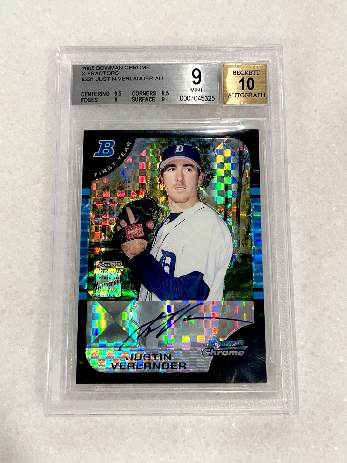 2005 Bowman Chrome Justin Verlander Xfractor Auto RC 35/225 Jersey # BGS 9/10