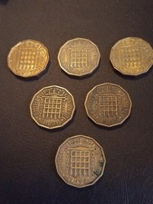 Vintage 1950s-1960s British Threepence Queen Elizabeth Coin Bundle 6pcs Joblot