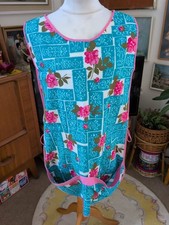 Vintage 1950s Tabard Apron Pink Roses Turquoise. Side Ties