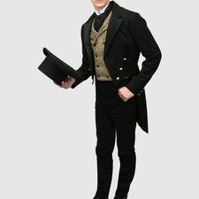 Mens Black Wool Regency Tailcoat, 18th Century Victorian Coat