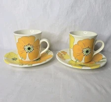 Vtg Metlox Poppy Trail Coffee 2 Sets Cups Saucers Orange Yellow Green Poppy MCM