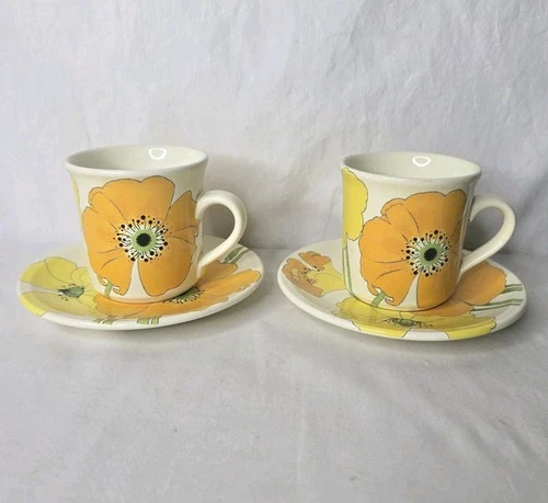 Vtg Metlox Poppy Trail Coffee 2 Sets Cups Saucers Orange Yellow Green Poppy MCM