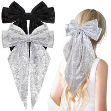 2Pcs Big Glitter Layered Hair Bows for Women Girls 8 Inch Barrette Hair Clip Bla