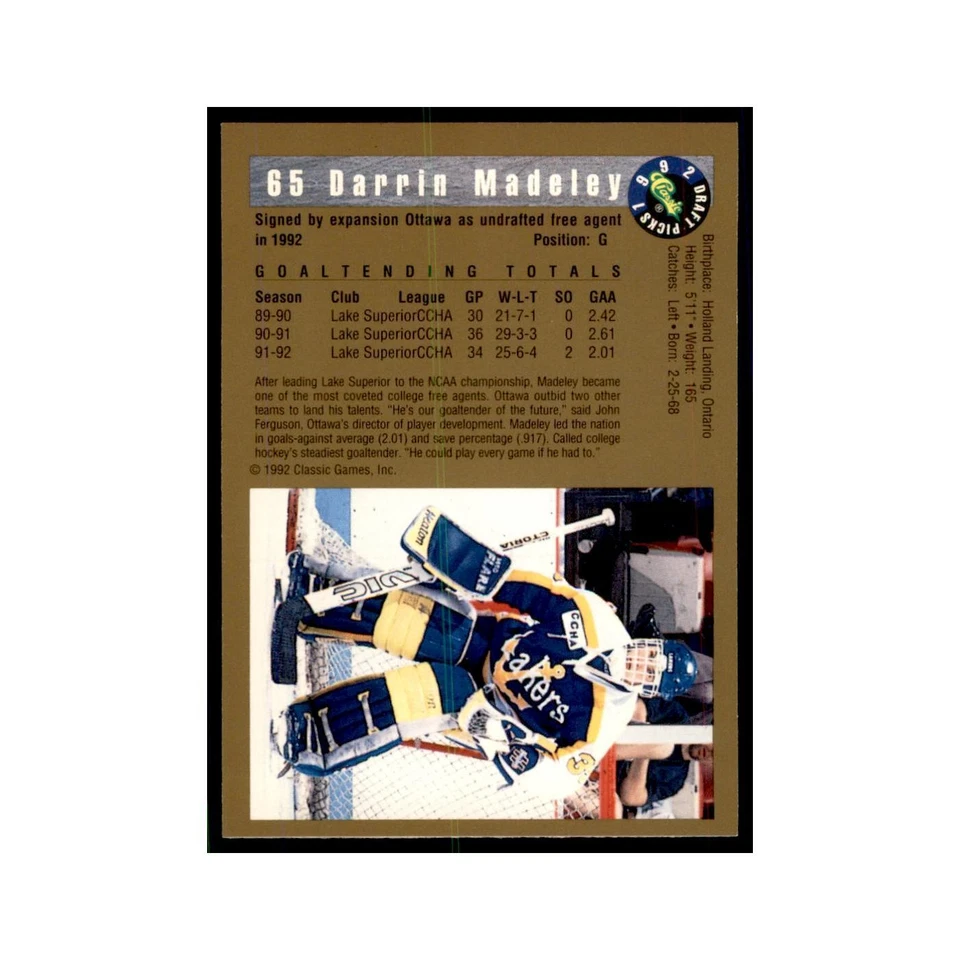 1992 Classic Draft Picks Darrin Madeley Hockey Cards #65 - Image 2 of 3
