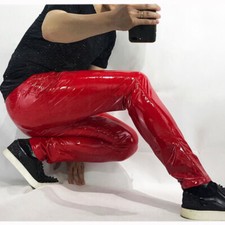 Men Faux Leather Pants Metallic Shiny Wet Look Skinny Leggings Trousers Red