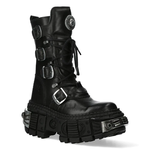 New Rock Boots WALL1473-S3 Unisex Metallic Black Leather Platform Gothic Boots