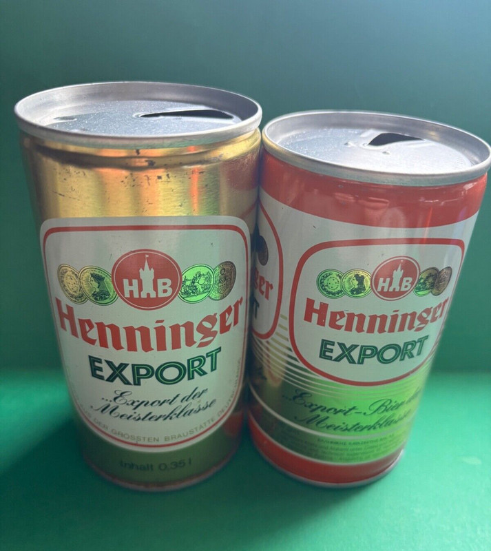 2 Vintage HENNINGER EXPORT Steel pull tab Beer cans Frankfurt Germany Coins